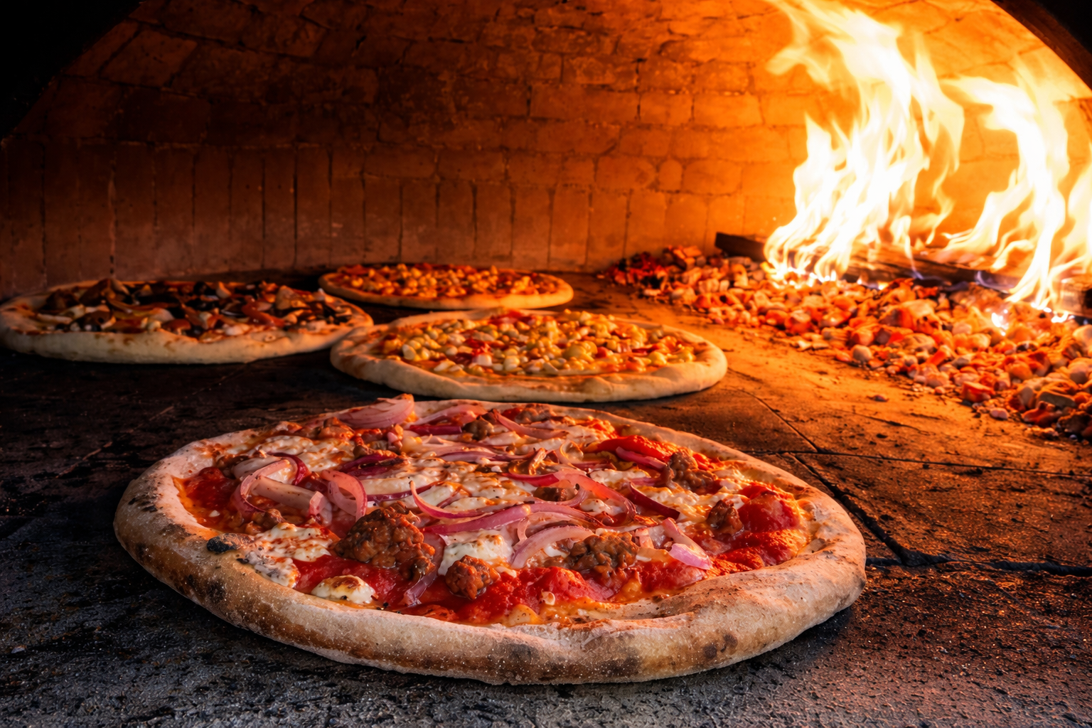 Stone-fired pizzas cooking in a wood-fired brick oven